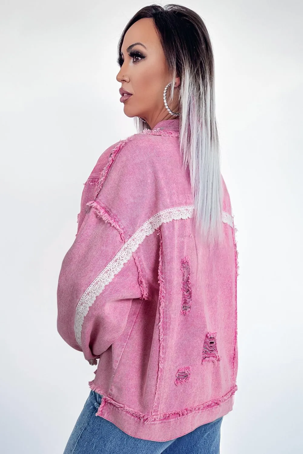 Women's Pink Lace Patchwork Distressed Denim Jacket