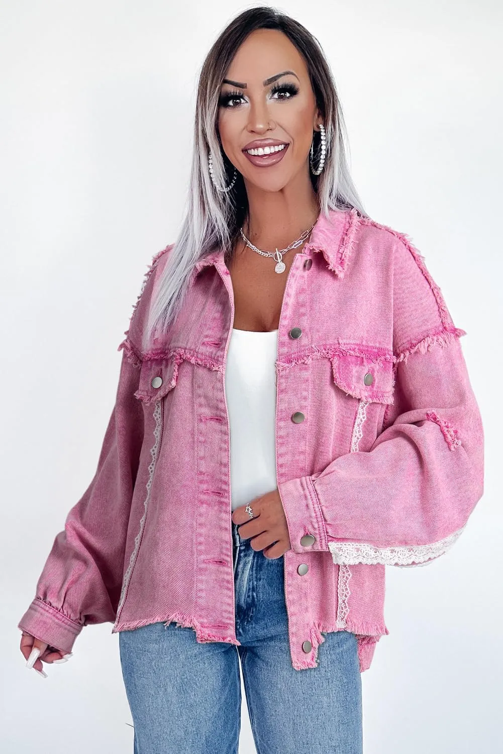 Women's Pink Lace Patchwork Distressed Denim Jacket