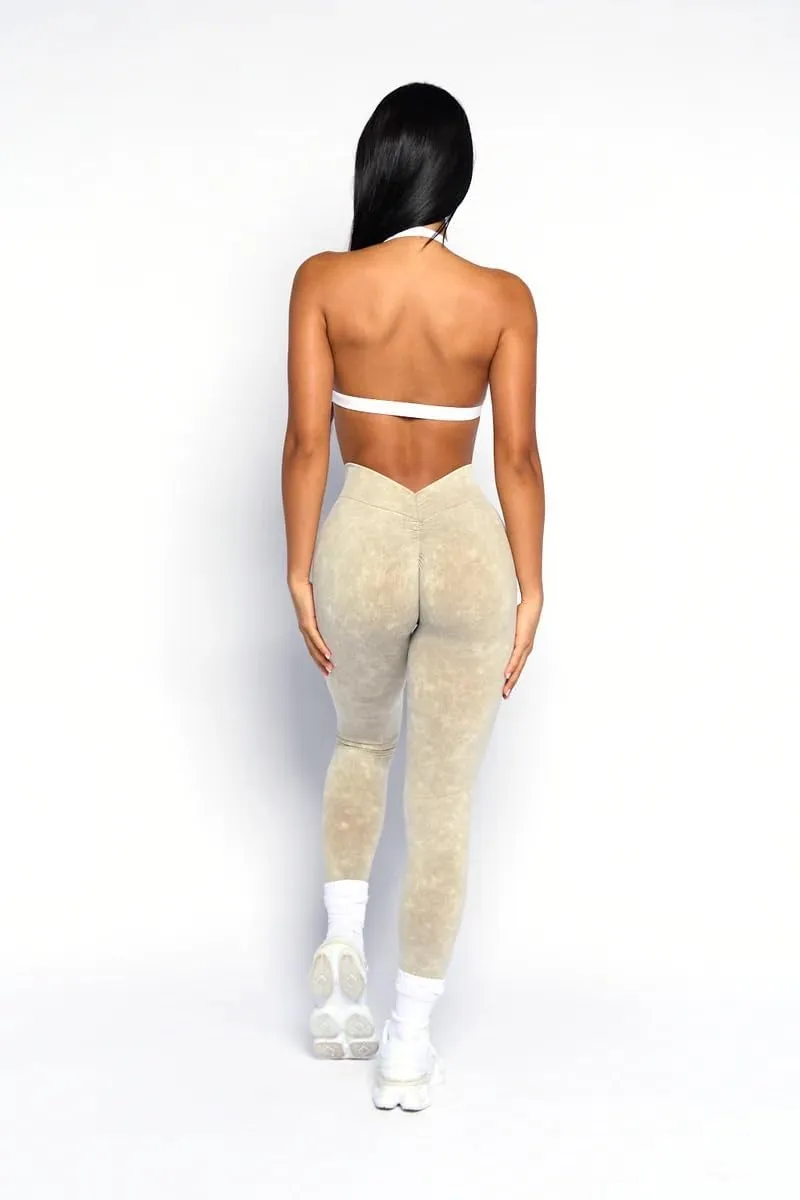 Womens Seamless Acid Wash Leggings - Stretch Knit, No Front Seam, Low V-Back Design, Enhanced Scrunch Butt