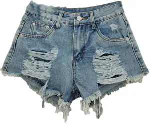 Women's Sexy Low Waist Ripped Denim Shorts with Tassel Burrs Patch Button Fly Regular Fit Streetwear Hot Pants