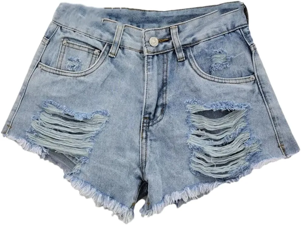 Women's Sexy Low Waist Ripped Denim Shorts with Tassel Burrs Patch Button Fly Regular Fit Streetwear Hot Pants