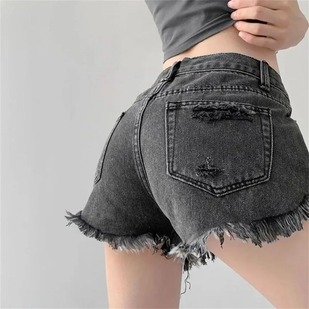 Women's Sexy Low Waist Vintage Ripped Denim Shorts Zipper Fly Loose Fit Stretchy Streetwear Hot Pants