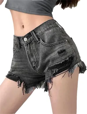 Women's Sexy Low Waist Vintage Ripped Denim Shorts Zipper Fly Loose Fit Stretchy Streetwear Hot Pants