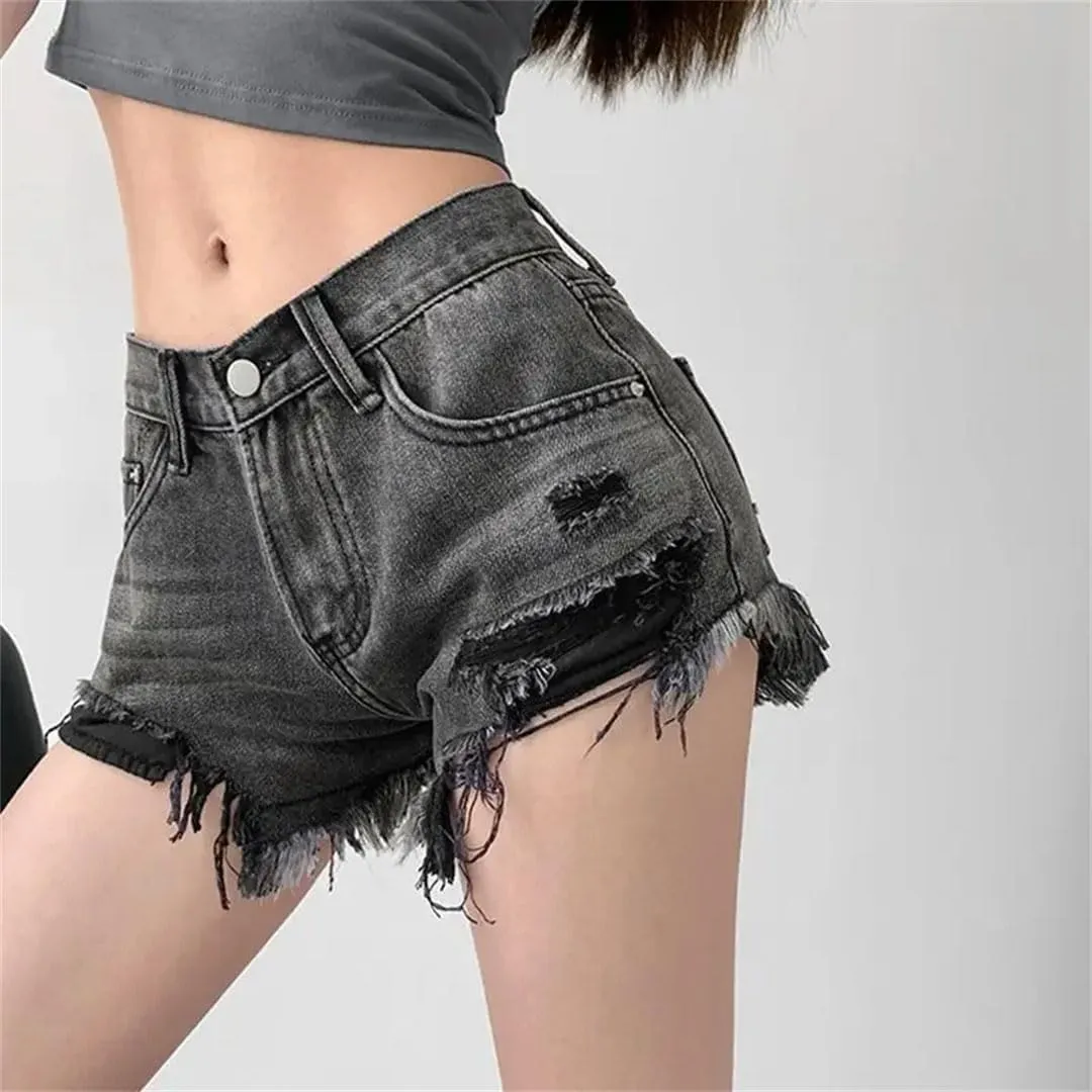Women's Sexy Low Waist Vintage Ripped Denim Shorts Zipper Fly Loose Fit Stretchy Streetwear Hot Pants