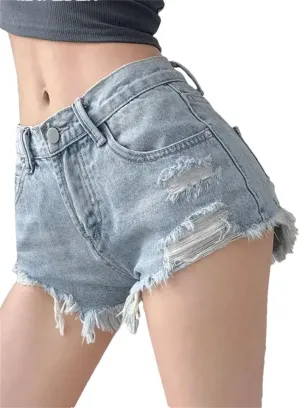 Women's Sexy Low Waist Vintage Ripped Denim Shorts Zipper Fly Loose Fit Stretchy Streetwear Hot Pants