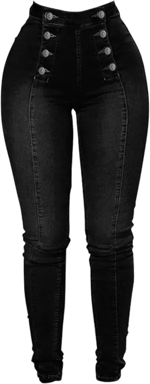 Womens Skinny Colombian Jeans Butt Lift High Waist Double Breasted Sailor Work Jeans Tummy Control Bodycon Jean Leggings