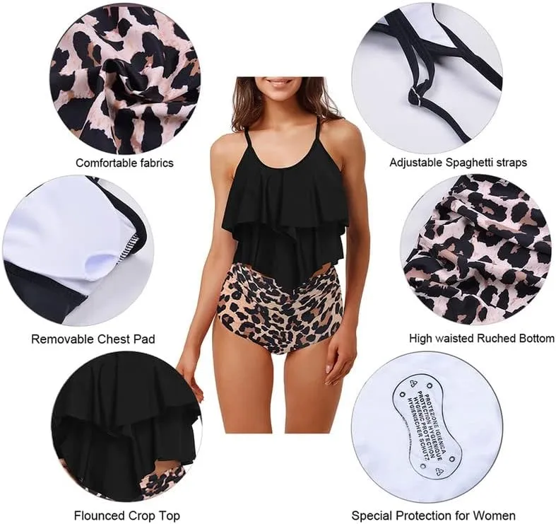 Womens Tankini Swimsuits Ruffled Tank Top Tummy Control Floral Modest Swimwear High Waisted Bikini Two Piece Bathing Suits