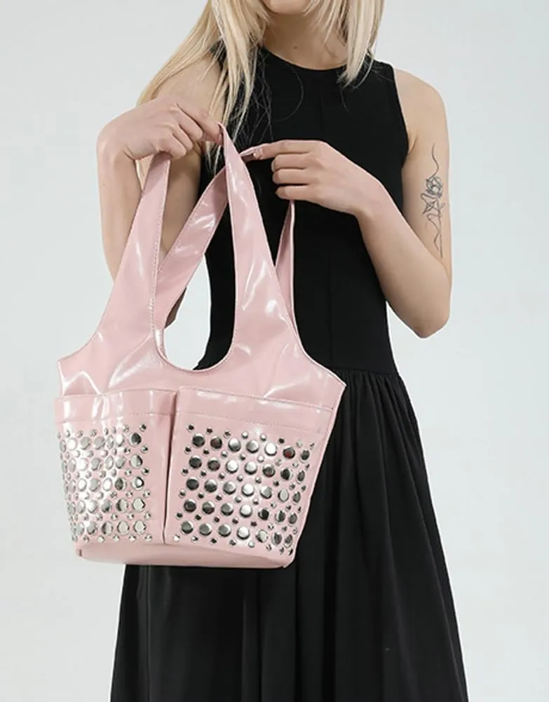 Womens Trendy Studded Bucket Bag Large Shoulder Purse Metal Rivet Tote Spacious Top Handle Handbag Satchels