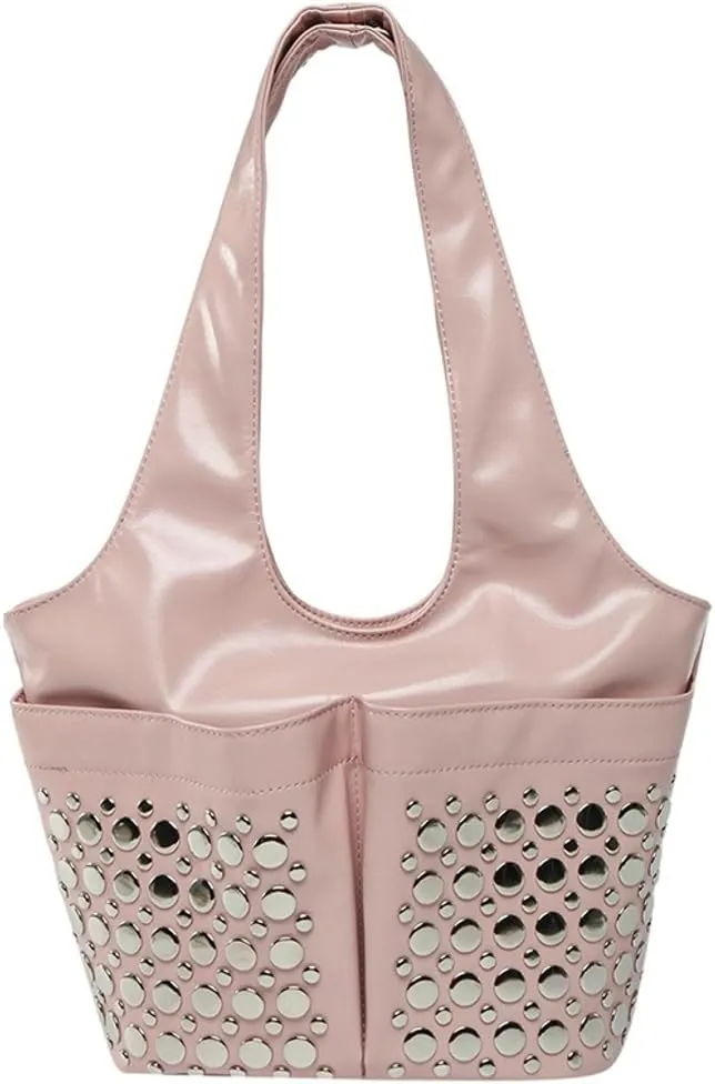 Womens Trendy Studded Bucket Bag Large Shoulder Purse Metal Rivet Tote Spacious Top Handle Handbag Satchels