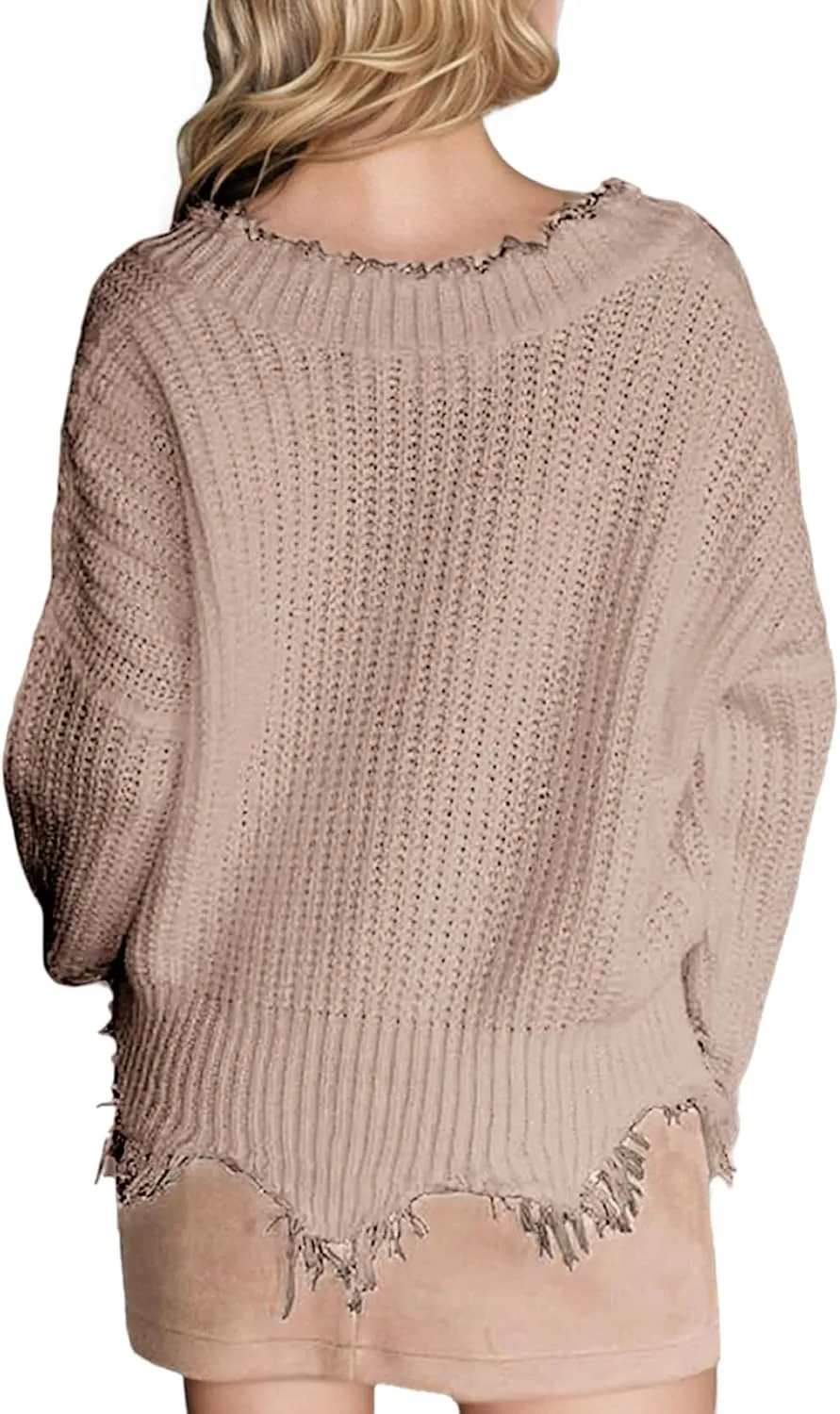 Women's V Neck Loose Knit Pullover Distressed Hem Off Shoulder Crop Sweater Solid Long Sleeve Top