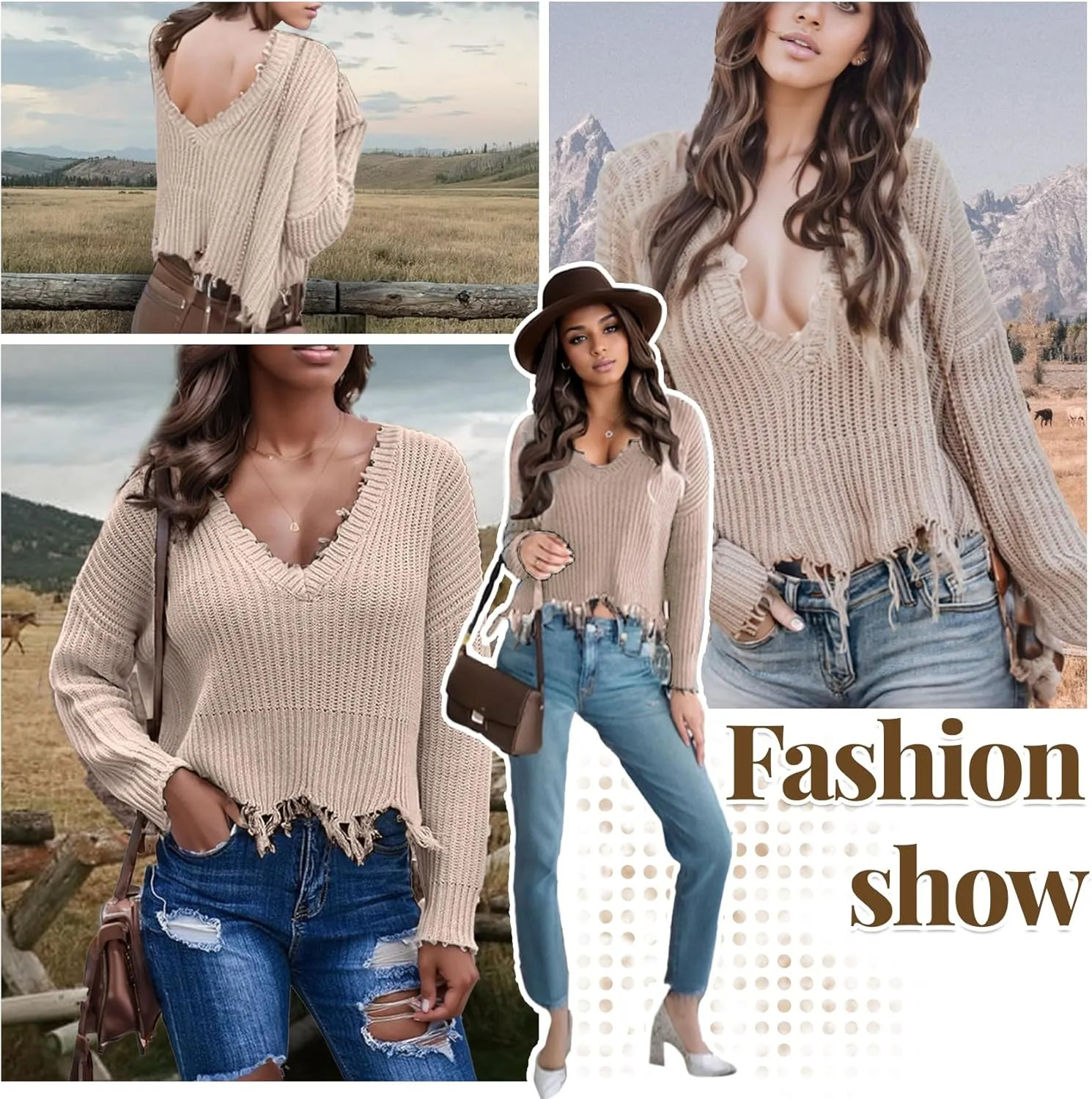 Women's V Neck Loose Knit Pullover Distressed Hem Off Shoulder Crop Sweater Solid Long Sleeve Top