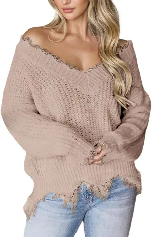 Women's V Neck Loose Knit Pullover Distressed Hem Off Shoulder Crop Sweater Solid Long Sleeve Top