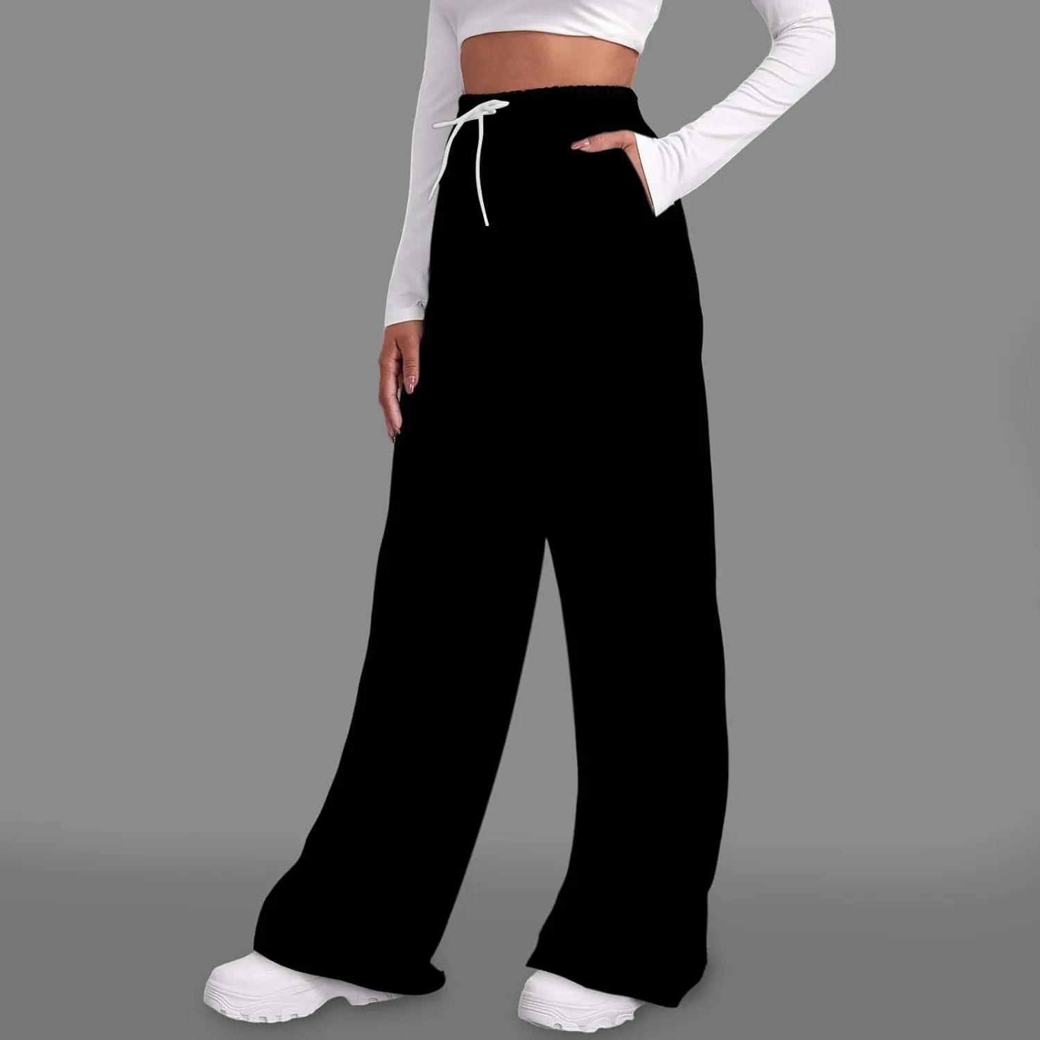 Women's Wide Leg Baggy Sweatpants Solid Fleece Active Wide Legged Joggers High Waist Open Bottom Straight Leg Loose