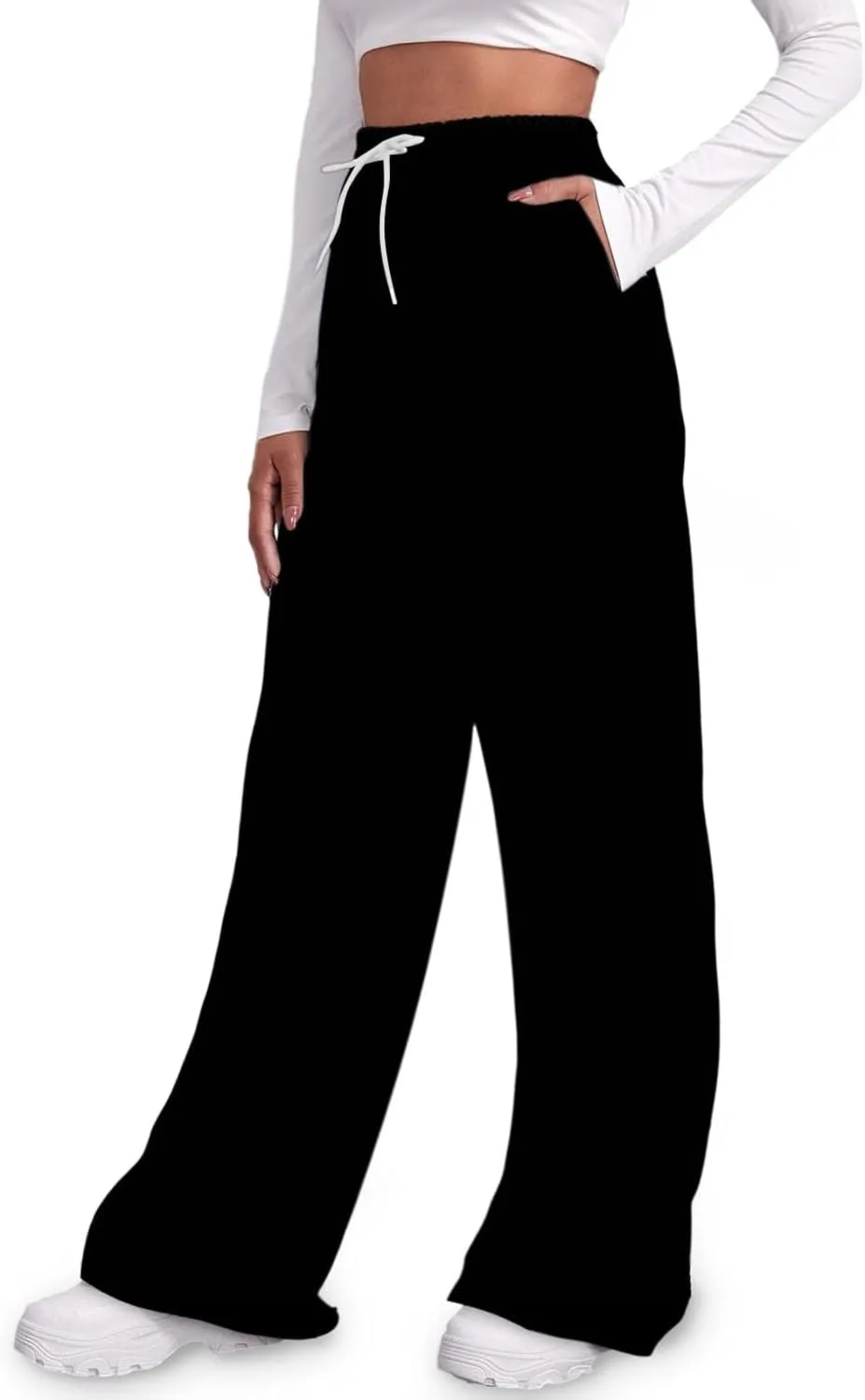 Women's Wide Leg Baggy Sweatpants Solid Fleece Active Wide Legged Joggers High Waist Open Bottom Straight Leg Loose