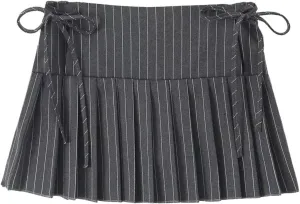 Y2K Black Striped Pleated Mini Skirt with Side Zipper and Bow Detail