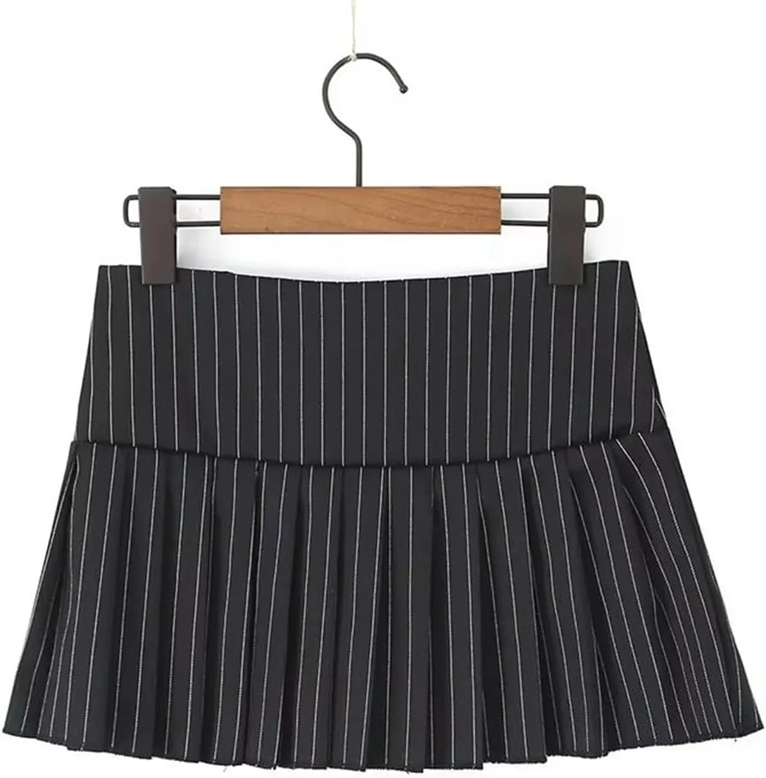 Y2K Black Striped Pleated Mini Skirt with Side Zipper and Bow Detail