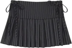 Y2K Black Striped Pleated Mini Skirt with Side Zipper and Bow Detail