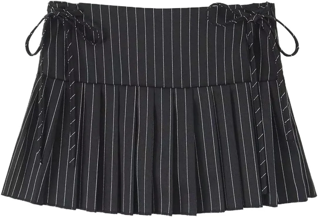 Y2K Black Striped Pleated Mini Skirt with Side Zipper and Bow Detail