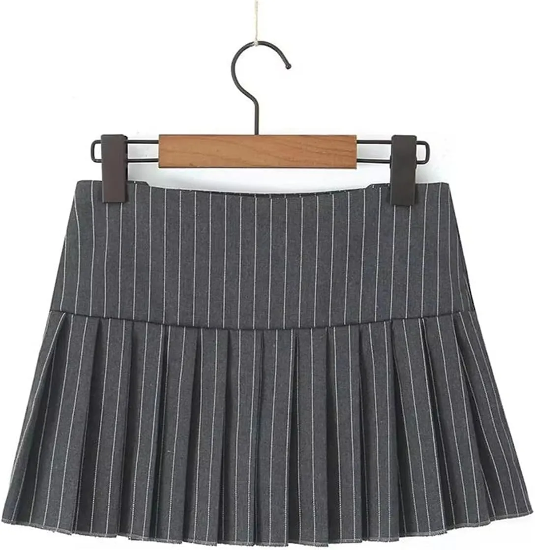 Y2K Black Striped Pleated Mini Skirt with Side Zipper and Bow Detail