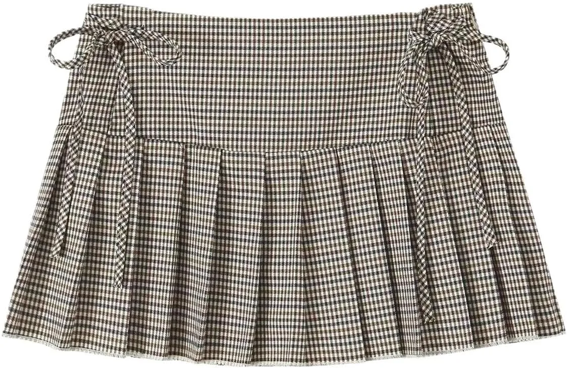 Y2K Black Striped Pleated Mini Skirt with Side Zipper and Bow Detail