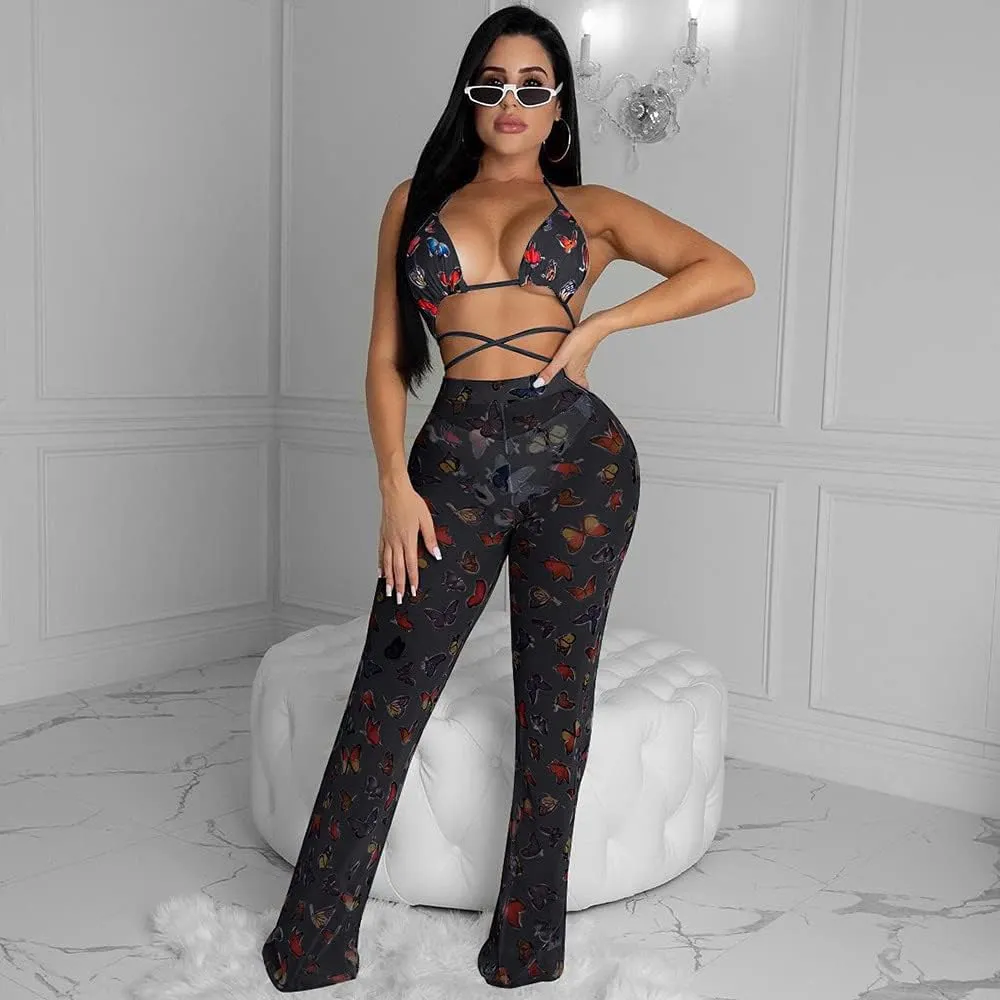 Yeshire Women's Sexy 2 Pieces Outfit See Through Crop Top and Pants Sets Mesh Cover Up Backless Jumpsuits Clubwear