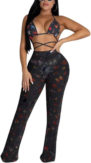 Yeshire Women's Sexy 2 Pieces Outfit See Through Crop Top and Pants Sets Mesh Cover Up Backless Jumpsuits Clubwear