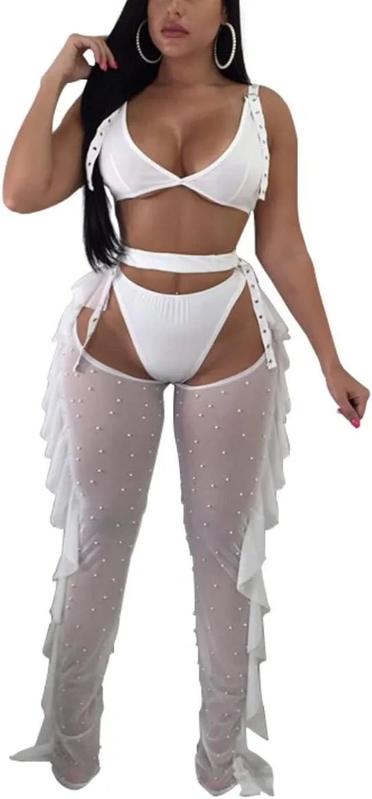 Yeshire Women's Sexy 2 Pieces Outfit See Through Crop Top and Pants Sets Mesh Cover Up Backless Jumpsuits Clubwear
