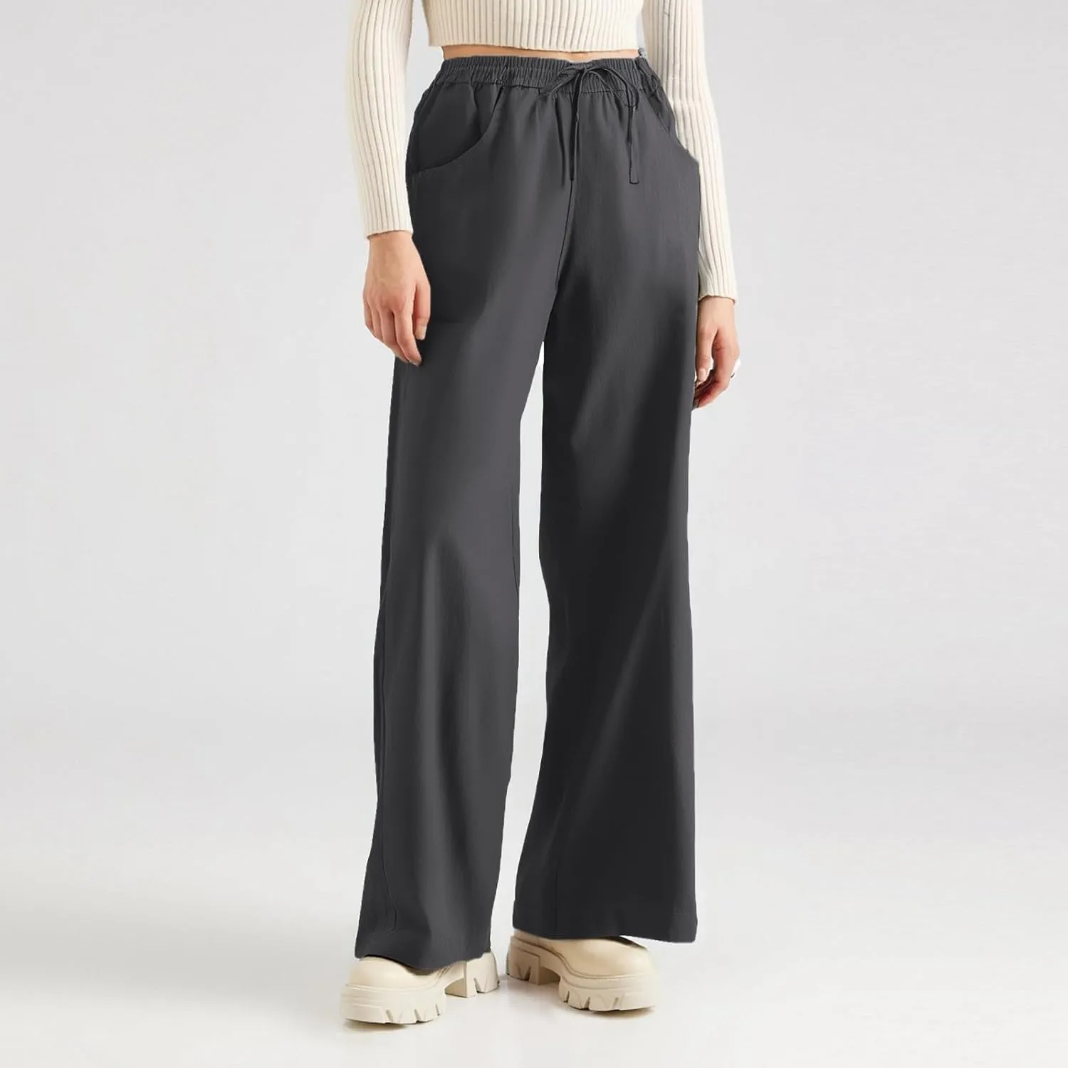 Yoga Pants with Pockets for Women High Waisted Flowy, Khaki Pants Cotton Linen Cargo Trousers Wide Leg Summer