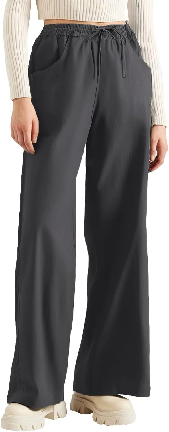 Yoga Pants with Pockets for Women High Waisted Flowy, Khaki Pants Cotton Linen Cargo Trousers Wide Leg Summer
