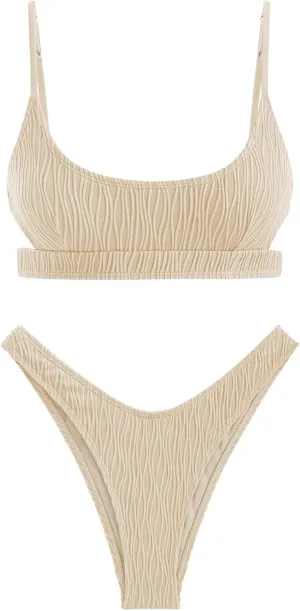 ZAFUL Women's Cutout Bikini Sets Scoop Neck Back Criss Cross Tie Ribbed High Cut Bikini Swimsuit Two Piece Bathing Suits