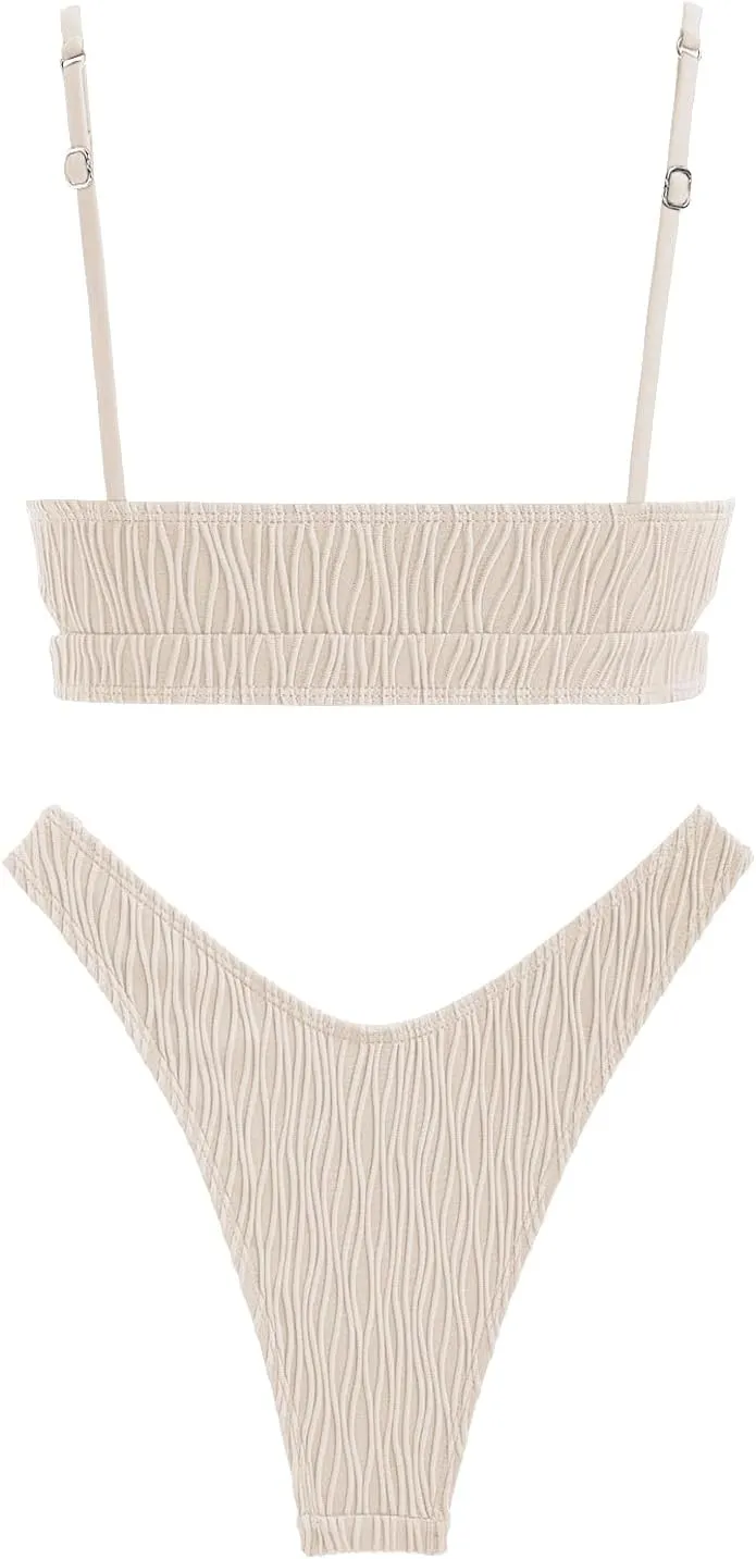 ZAFUL Women's Cutout Bikini Sets Scoop Neck Back Criss Cross Tie Ribbed High Cut Bikini Swimsuit Two Piece Bathing Suits