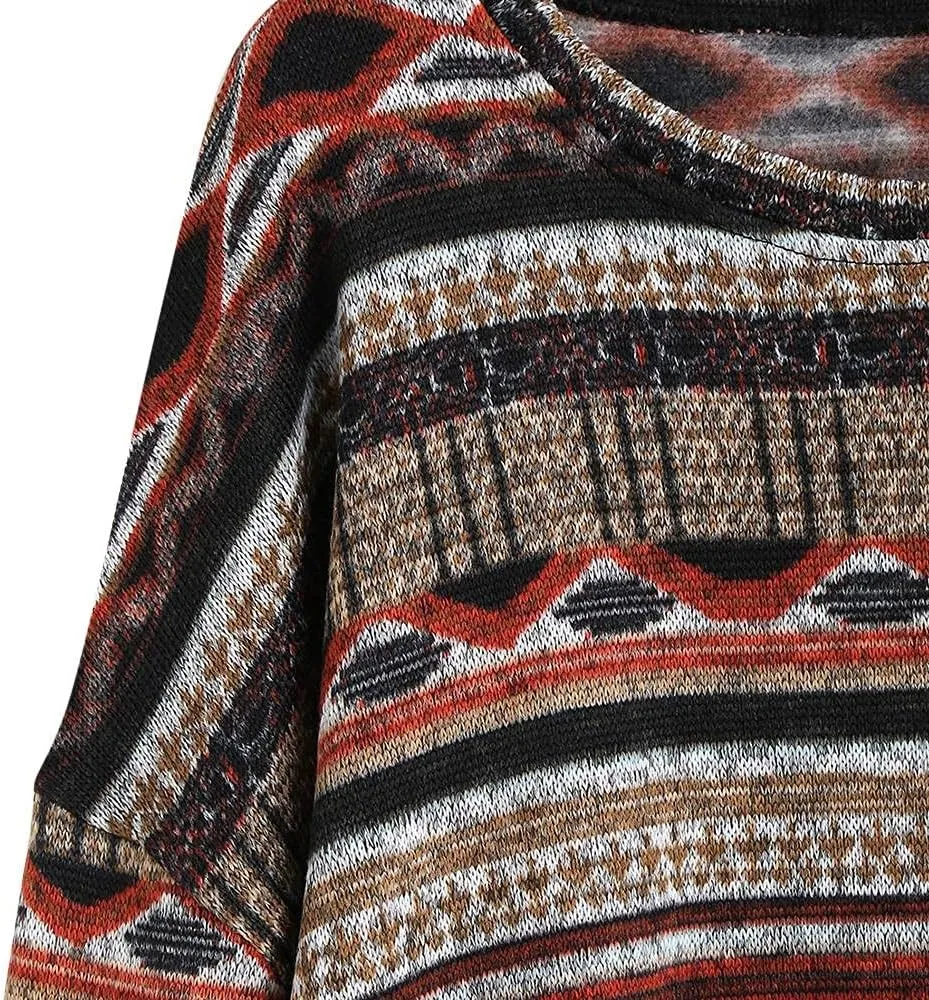 ZAFUL Women's Tribal Ethnic Graphic Cropped Knitwear Bohemian Long Sleeve Pullover Sweater Boho Drop Shoulder Knitted Top