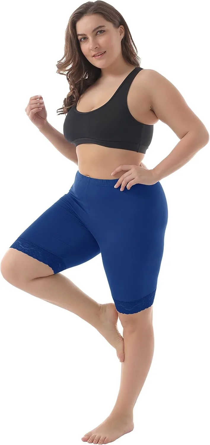 ZERDOCEAN Women's Plus Size Soft Basic Mid Thigh Shorts Leggings with Lace Trim