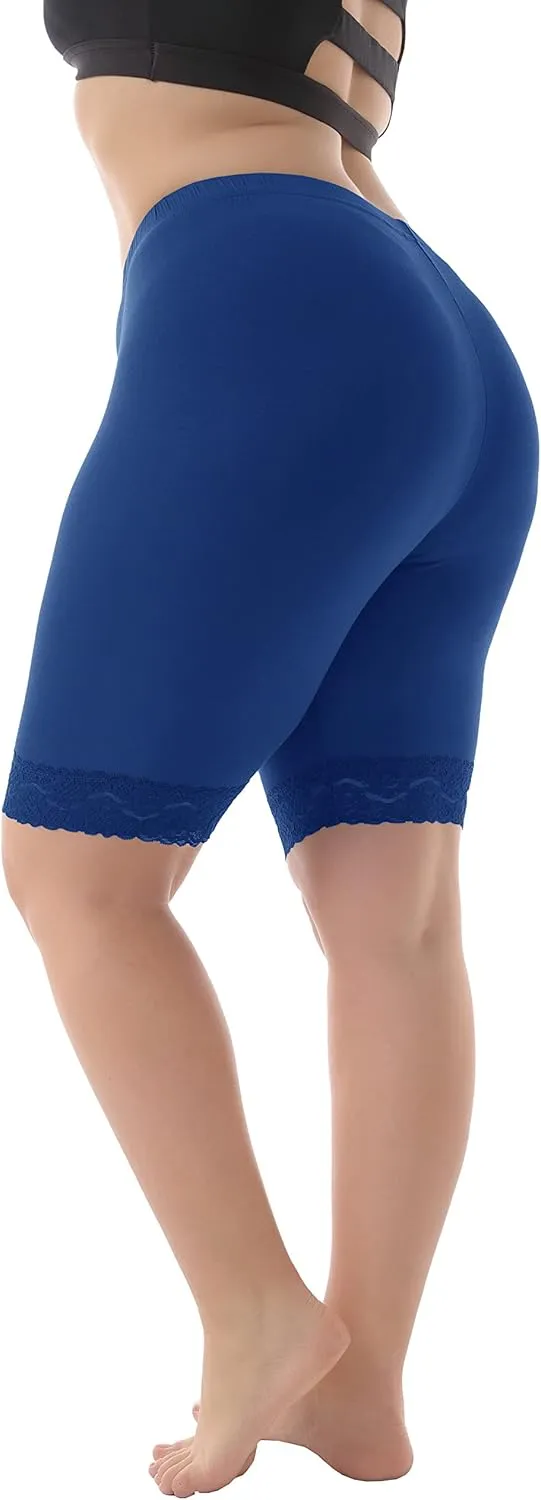 ZERDOCEAN Women's Plus Size Soft Basic Mid Thigh Shorts Leggings with Lace Trim