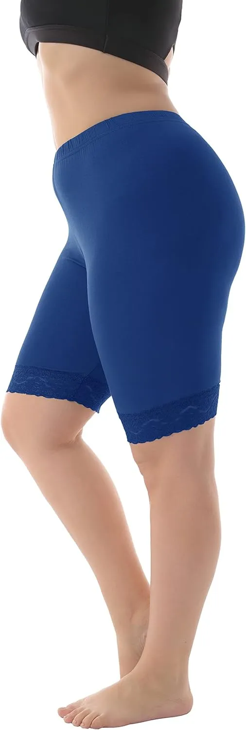 ZERDOCEAN Women's Plus Size Soft Basic Mid Thigh Shorts Leggings with Lace Trim