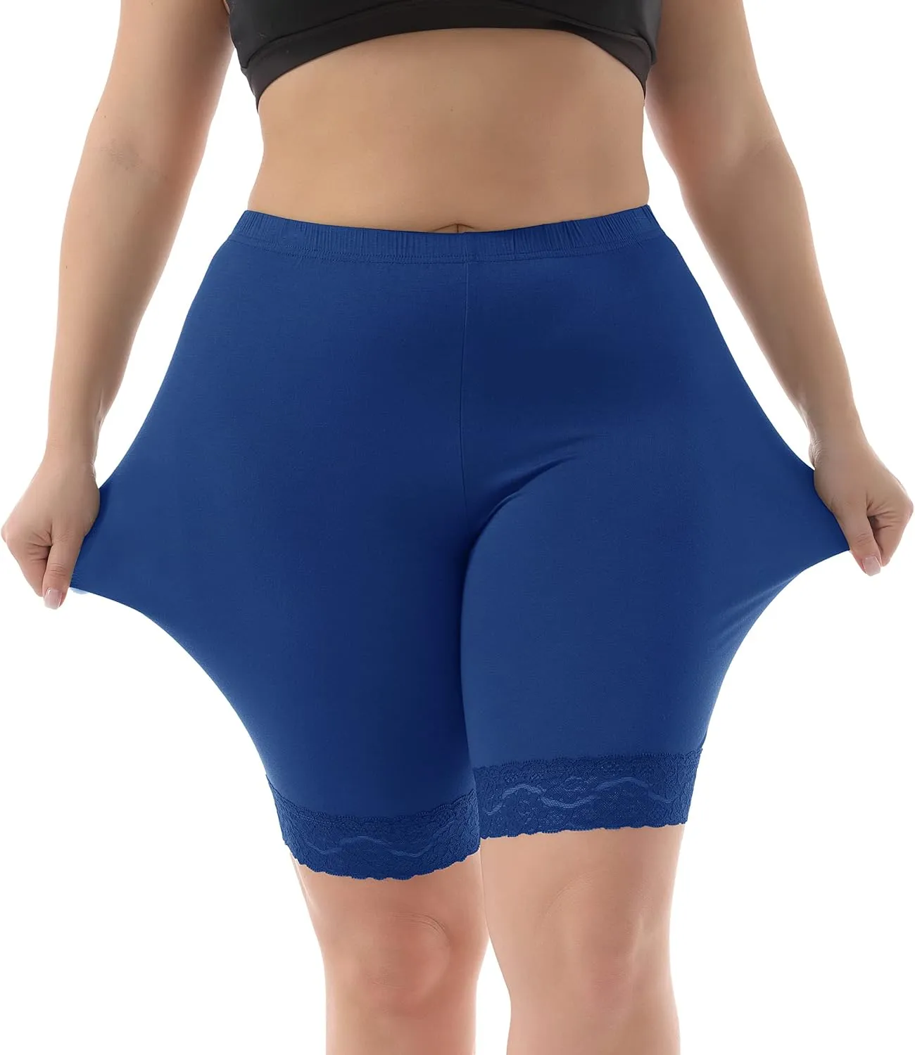 ZERDOCEAN Women's Plus Size Soft Basic Mid Thigh Shorts Leggings with Lace Trim
