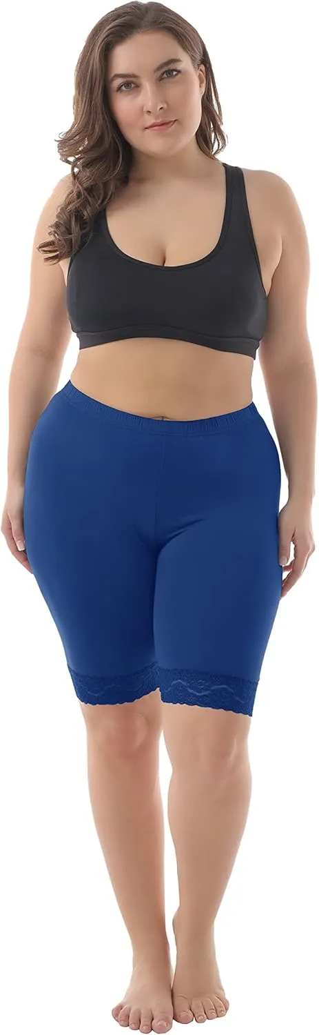 ZERDOCEAN Women's Plus Size Soft Basic Mid Thigh Shorts Leggings with Lace Trim