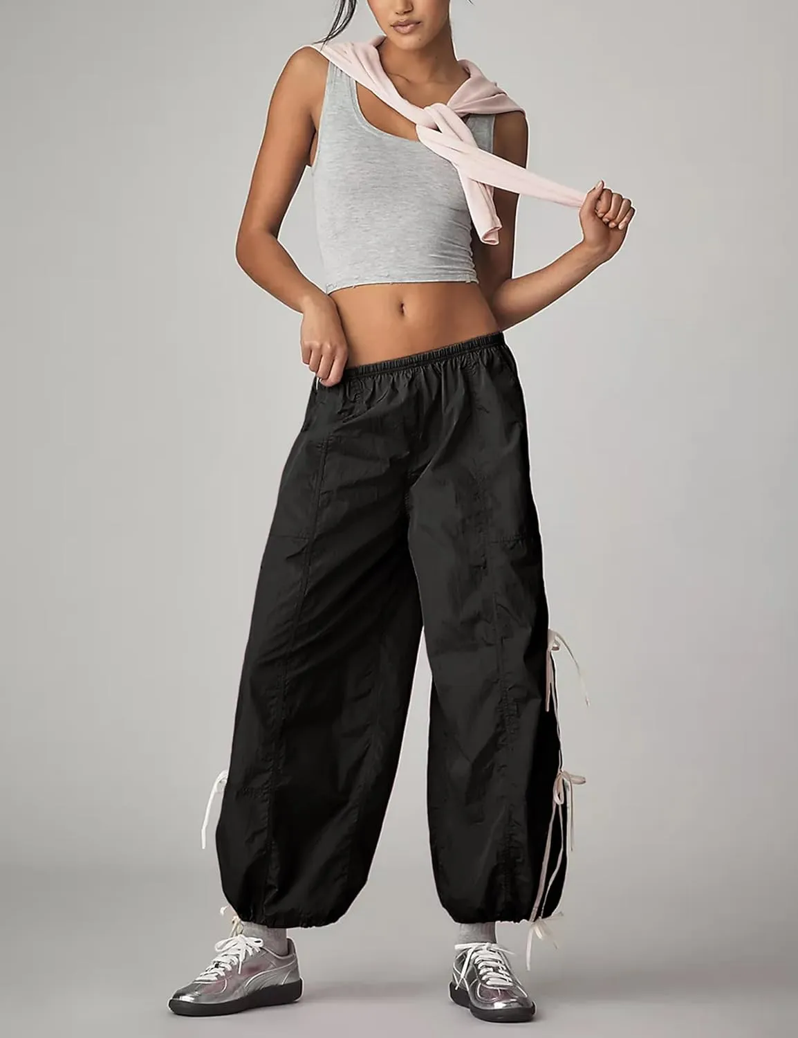 Zhiyouni Parachute Pants for Women Elastic High Waist Full Twist Hiking Cargo Pants Trousers