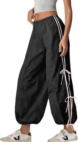 Zhiyouni Parachute Pants for Women Elastic High Waist Full Twist Hiking Cargo Pants Trousers