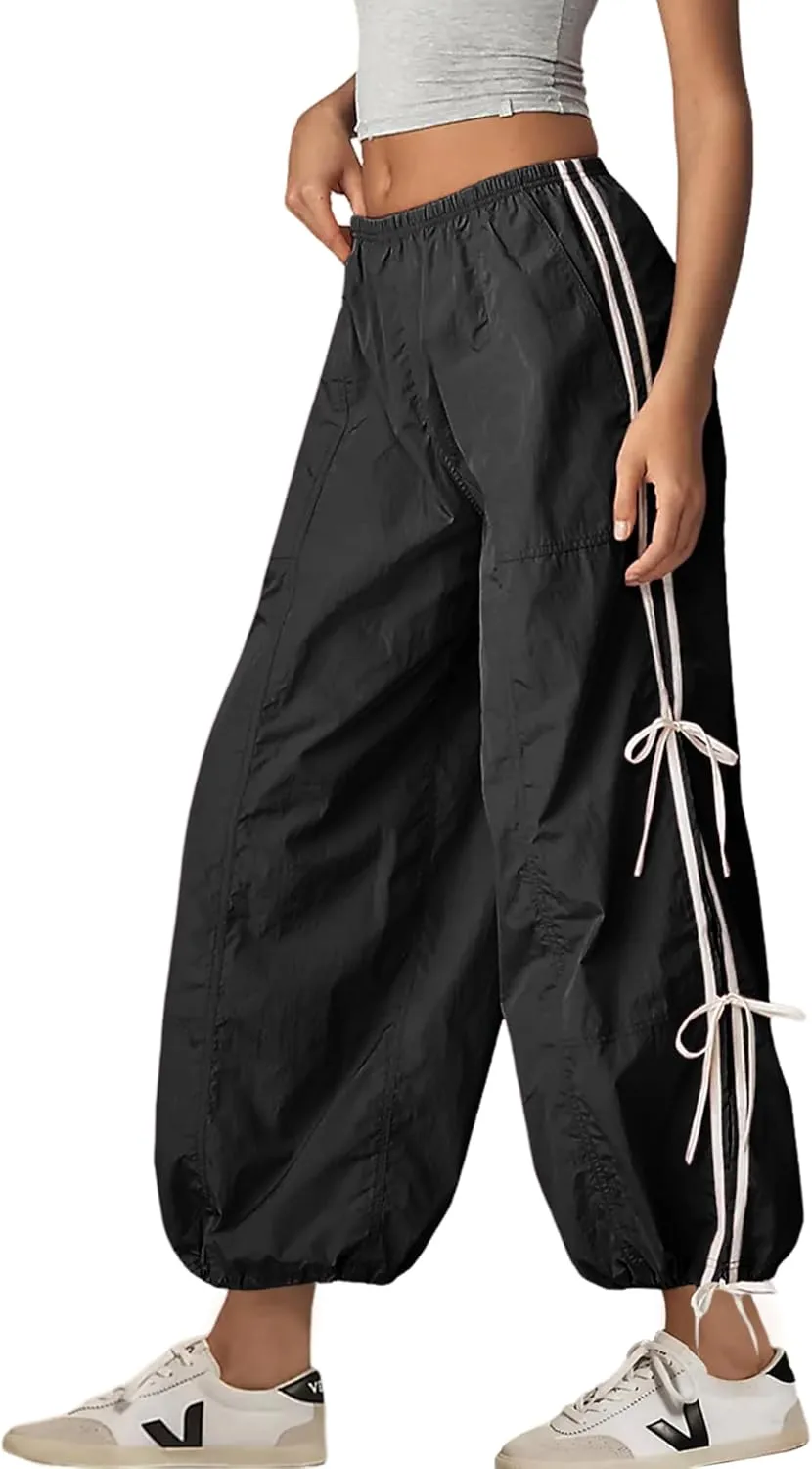 Zhiyouni Parachute Pants for Women Elastic High Waist Full Twist Hiking Cargo Pants Trousers
