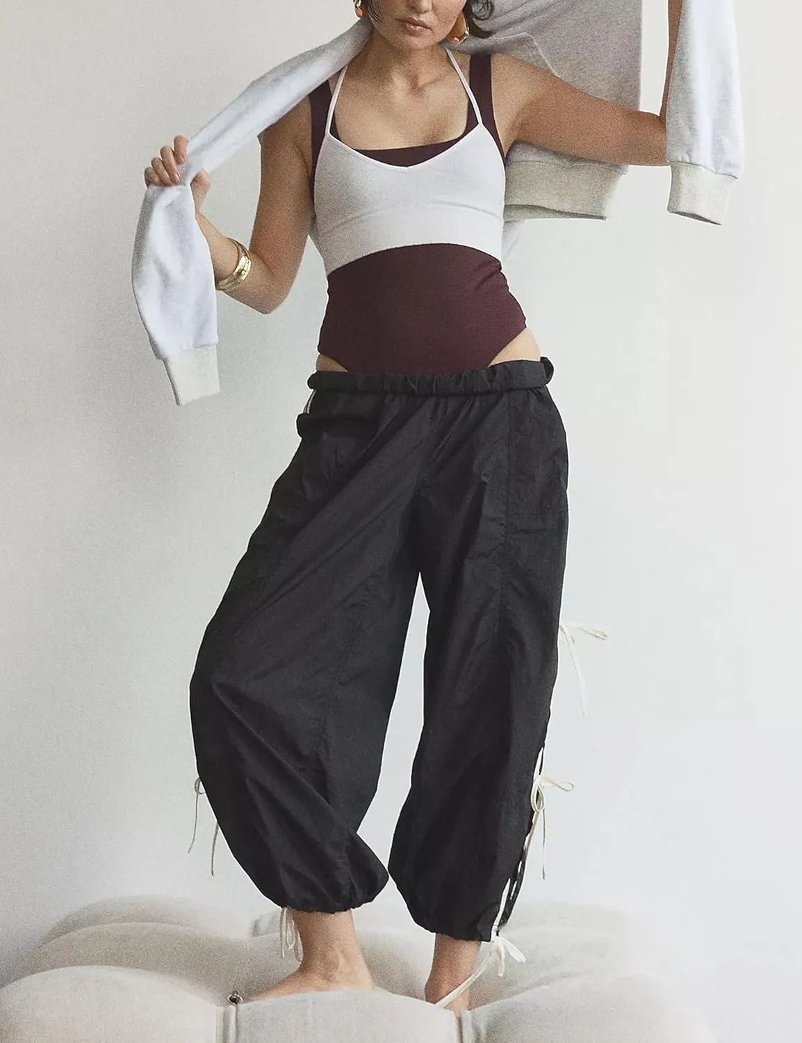 Zhiyouni Parachute Pants for Women Elastic High Waist Full Twist Hiking Cargo Pants Trousers