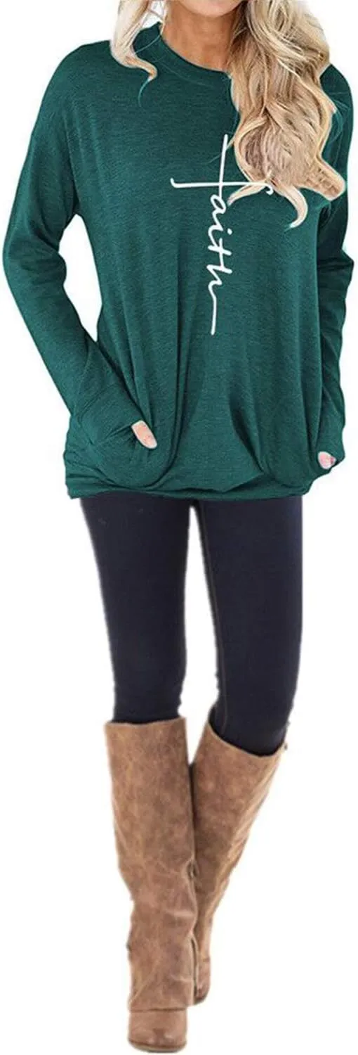 ZILIN Women's Casual Letter Print Crewneck T-Shirt Long Sleeve Tunic Tops Sweatshirt with Pockets