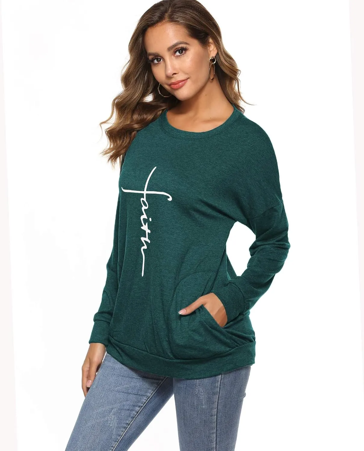 ZILIN Women's Casual Letter Print Crewneck T-Shirt Long Sleeve Tunic Tops Sweatshirt with Pockets