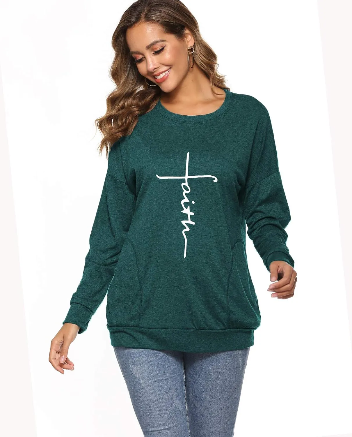 ZILIN Women's Casual Letter Print Crewneck T-Shirt Long Sleeve Tunic Tops Sweatshirt with Pockets