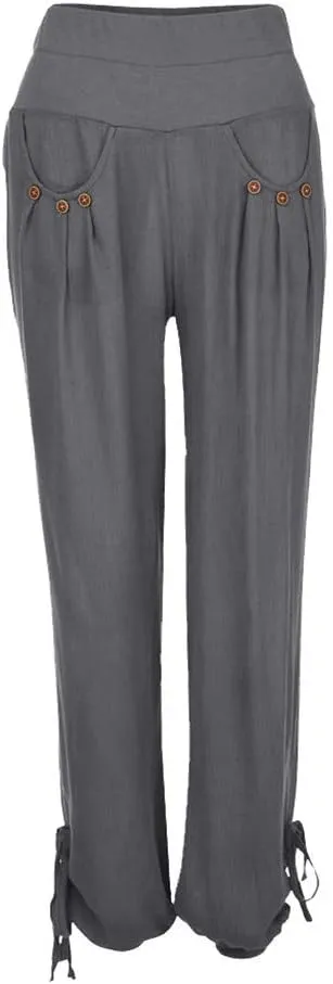 ZYXTIM Womens Casual Cotton Linen Pants Elastic Waisted Smocked Solid Color Summer Beach Yoga Trousers