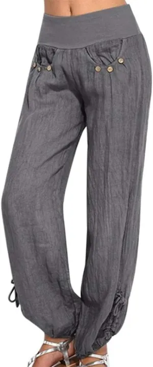 ZYXTIM Womens Casual Cotton Linen Pants Elastic Waisted Smocked Solid Color Summer Beach Yoga Trousers